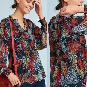 🦋 ANTHROPOLOGIE Akemi + Kin Adria Smocked Floral Blouse Boho V Neck Black Top